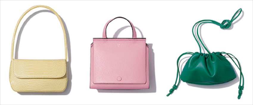 【VARIATION】  ツヤと色が小さく効く「カラーレザーのミニバッグ」：■ 小さなバッグこそ今季のトレンドカラー3色で。●〈右から〉グリーンレザー巾着バッグ（14×25×7） 9,900円／ル・ベルニ（キャセリーニ）　2way使用のストラップ。　ピンクレザーバッグ（17×18×10） 45,100円／OAD NEW YORK（ショールーム セッション）　シンプルなスクエア。イエロースクエアバッグ（11.5×21×5） 15,95